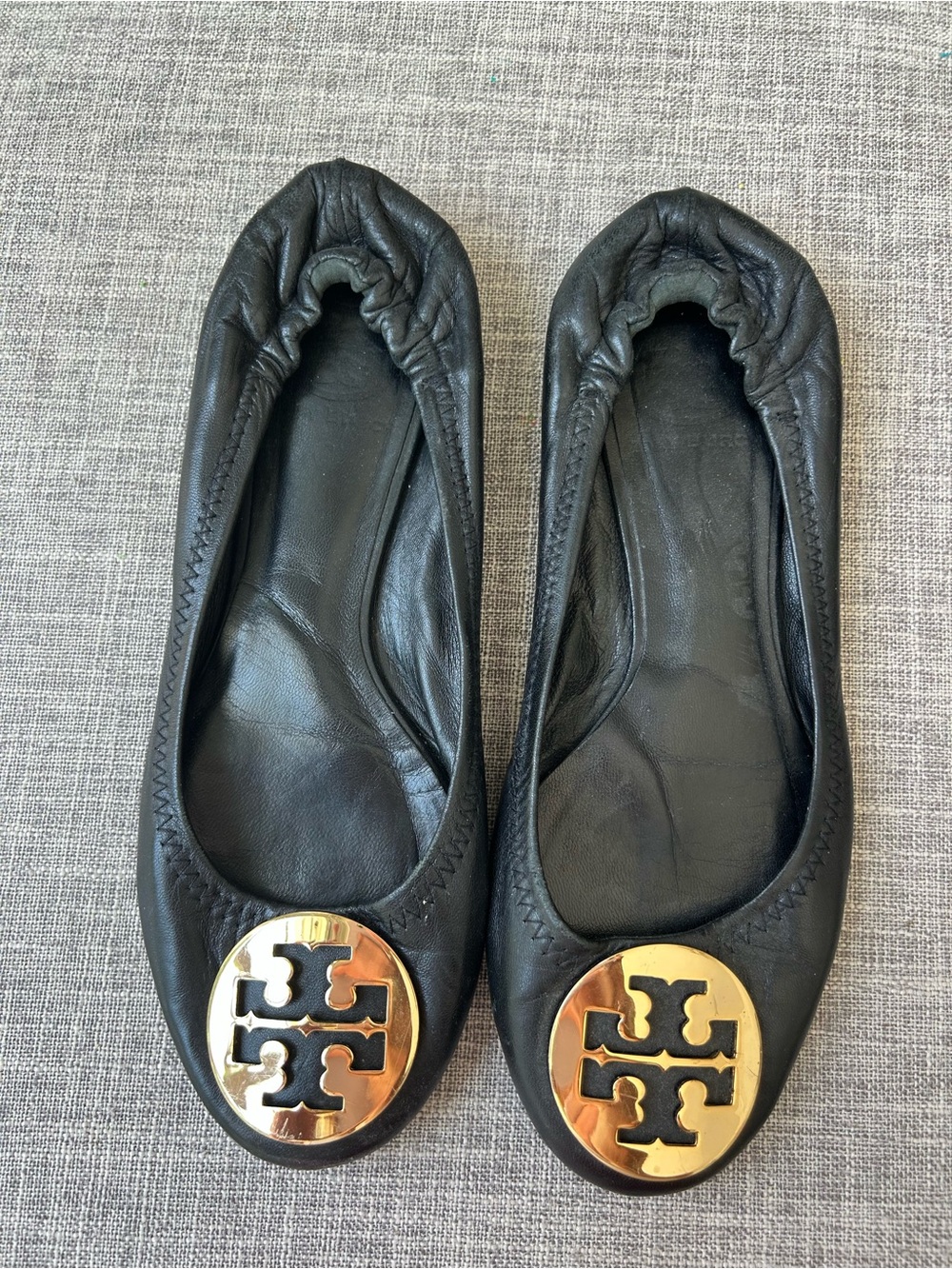 Tory Burch Black Reva Leather Ballet Flats with Gold Logo Medallions
